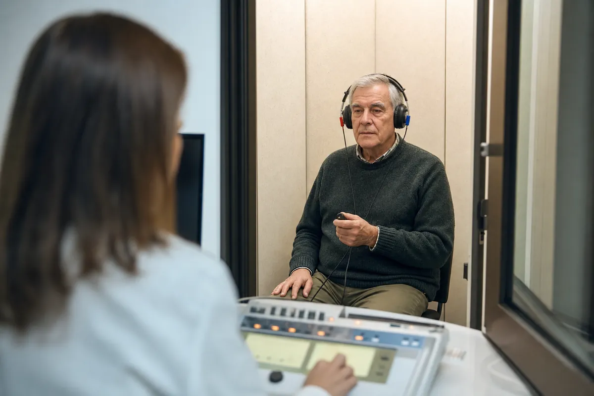 Un audioprotesista realiza una prueba auditiva a un hombre mayor en una cabina insonorizada